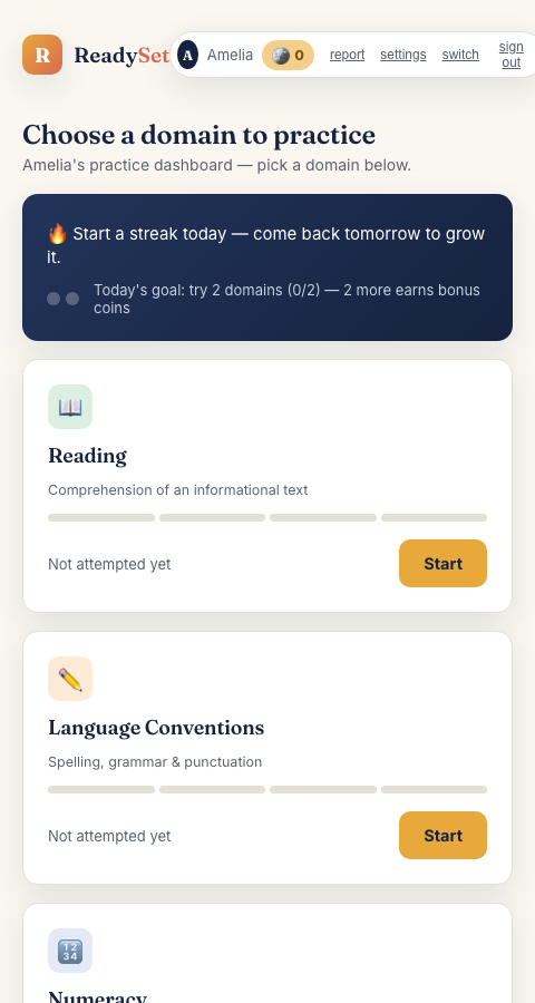 ReadySet Foundation dashboard showing subject cards and a daily streak